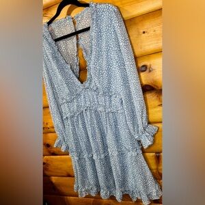 Romantic Light Blue Babydoll Ruffled Leopard Print Dress